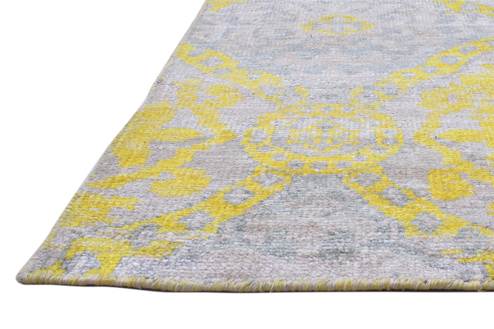 Hand Knotted Gold Silk Rug 5' X 8' Modern Scandinavian Damask Room Size Carpet   7864098848917