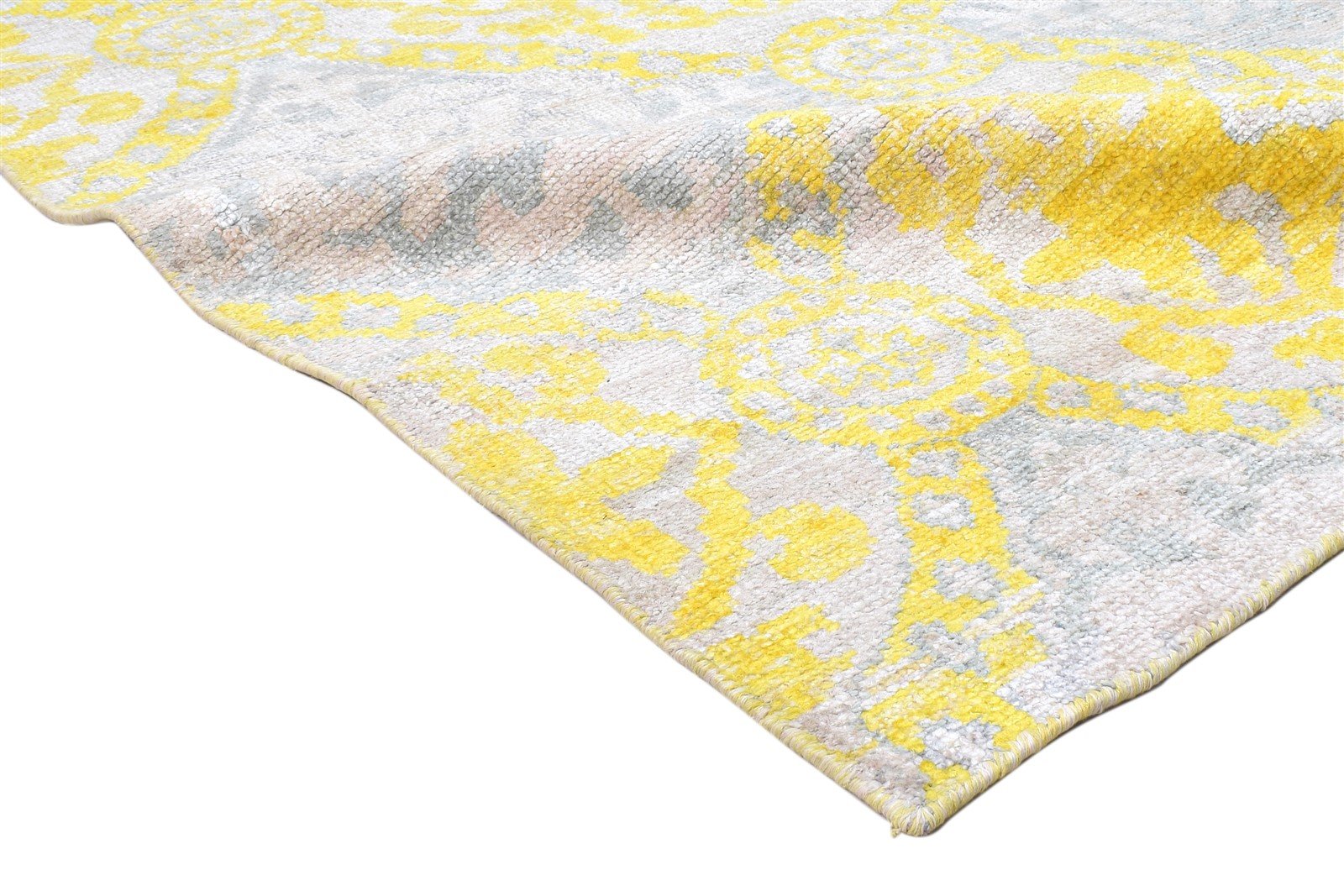 Hand Knotted Gold Silk Rug 5' X 8' Modern Scandinavian Damask Room Size Carpet   7864098848917