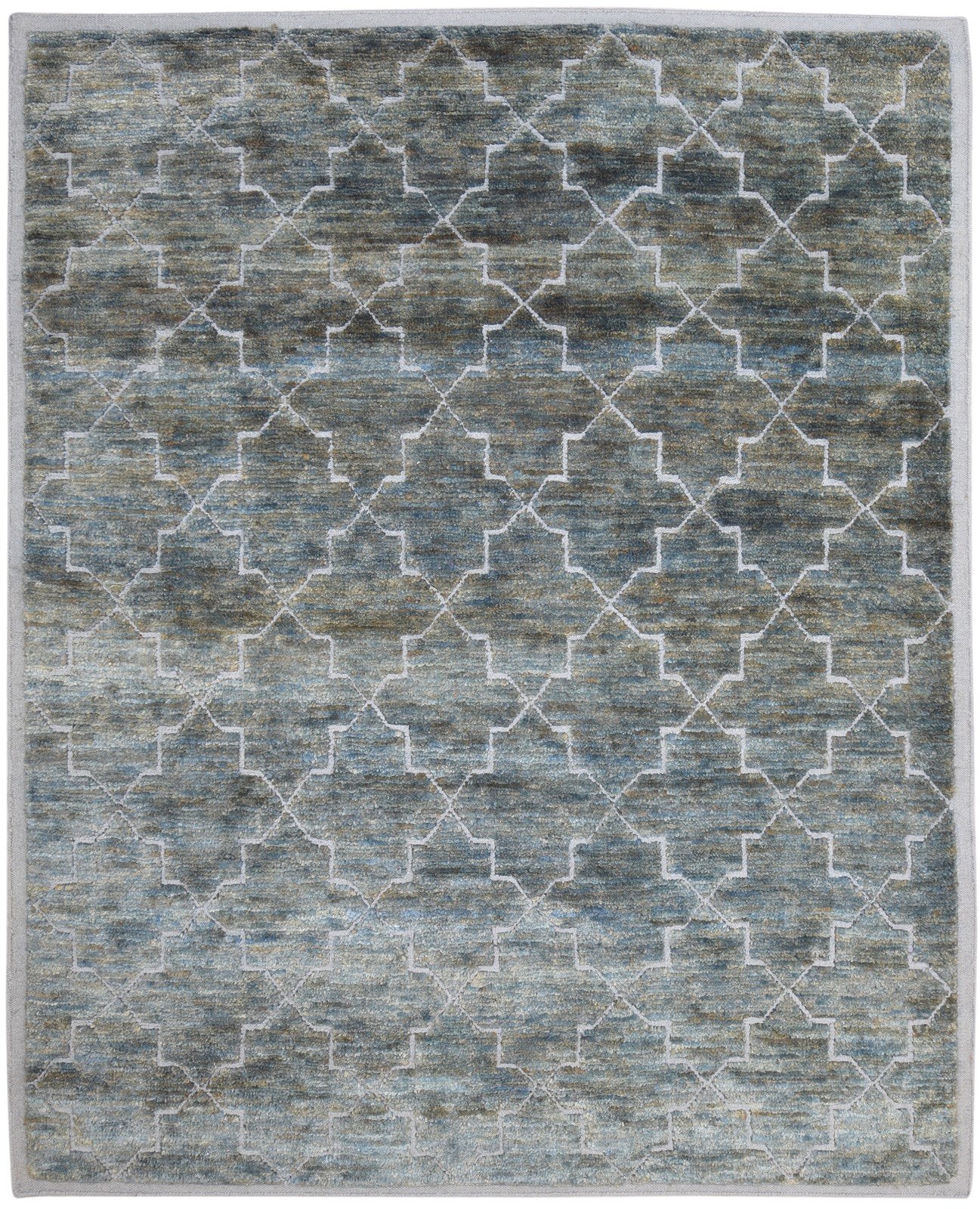 Hand Knotted Green Wool / Jute Rug 8' X 10' Modern Moroccan Trellis Large Carpet   7864787239061