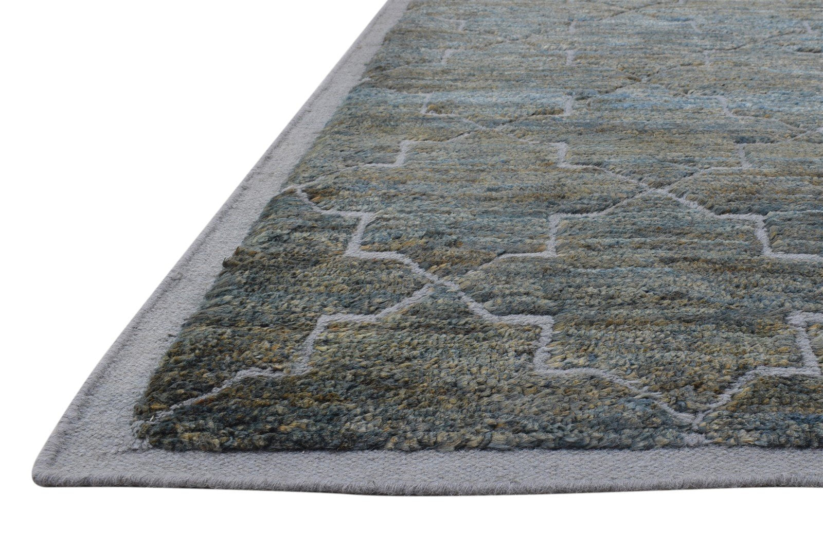Hand Knotted Green Wool / Jute Rug 8' X 10' Modern Moroccan Trellis Large Carpet   7864787239061