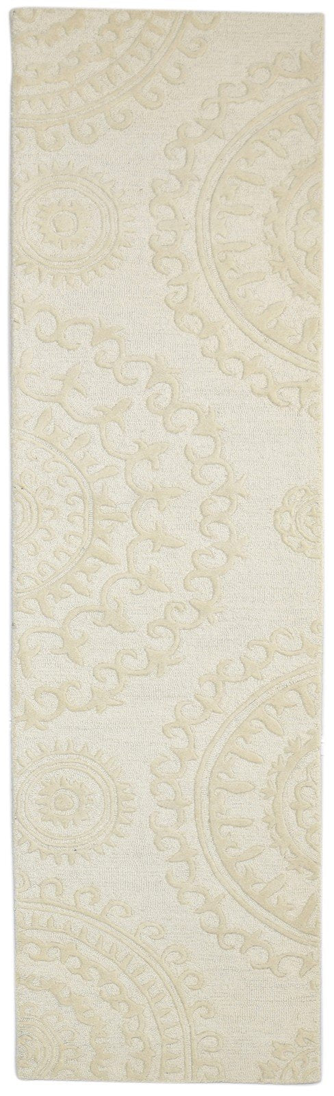 Hand Tufted Beige Wool Rug 2' X 8' Modern French Circles Small Runner   7864122998933