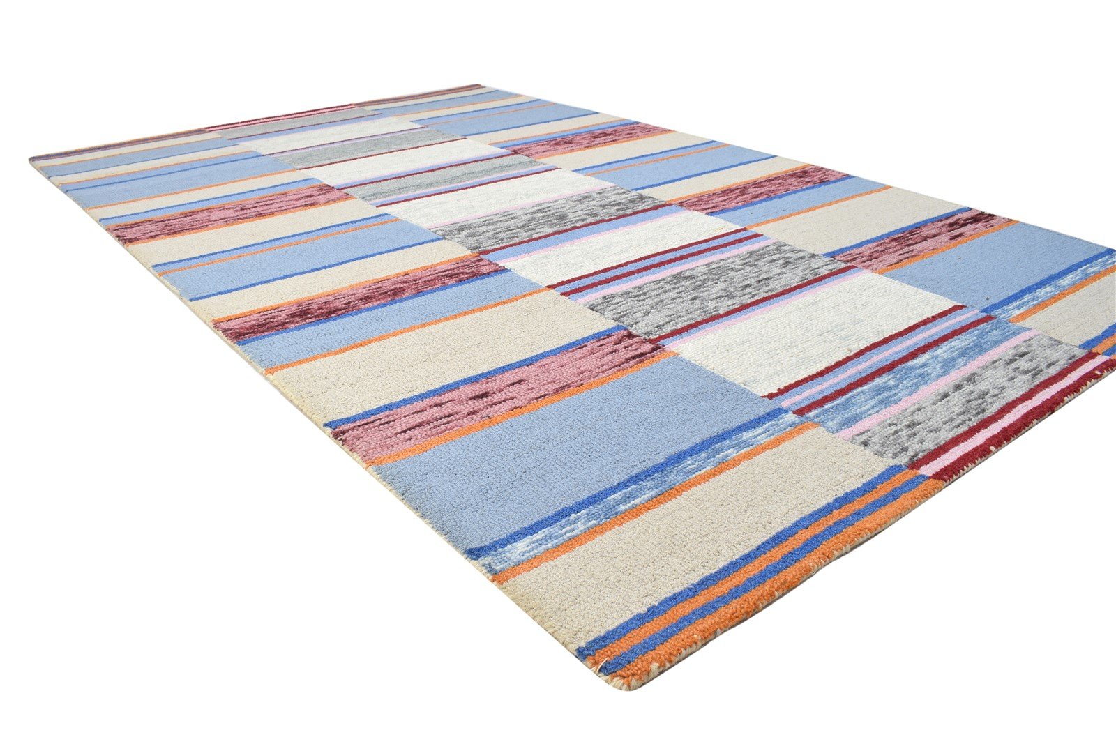 Hand Tufted Blue Wool Rug 5' X 8' Modern Scandinavian Striped Room Size Carpet   7864154849429