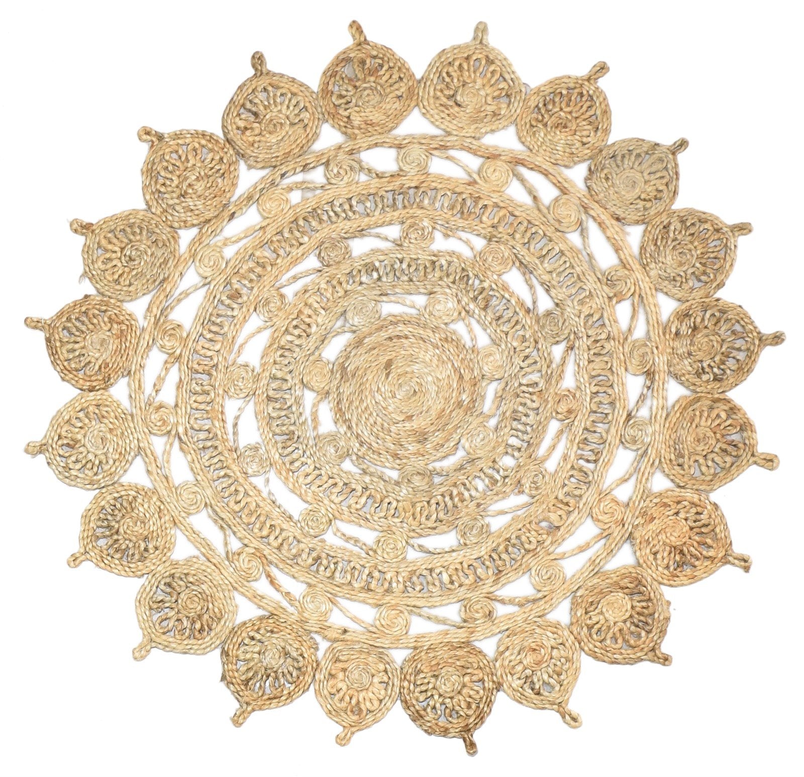 Hand Woven Beige Jute Rug 4' X 4' Modern Scandinavian Circles Room Size Round   7864819089557