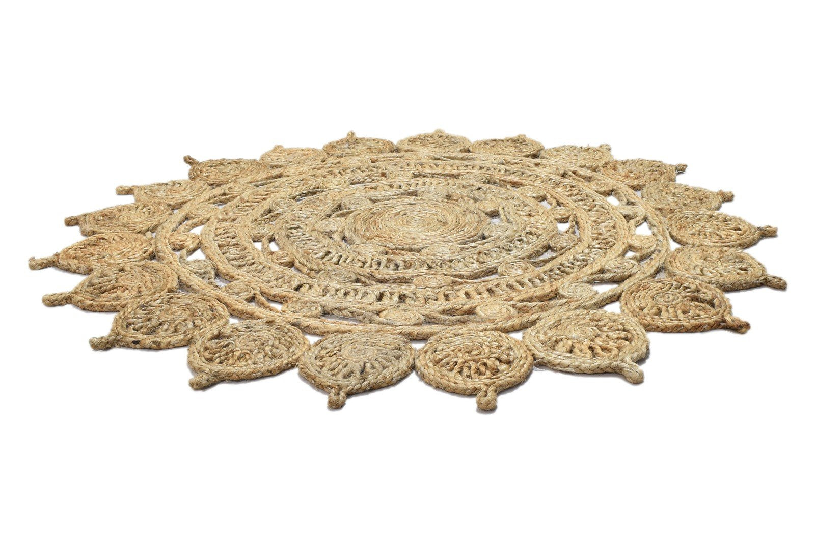 Hand Woven Beige Jute Rug 4' X 4' Modern Scandinavian Circles Room Size Round   7864819089557