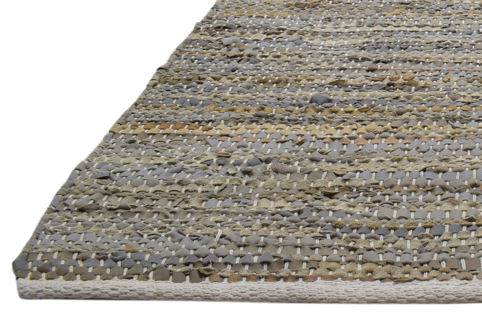 Hand Woven Beige Leather Rug 3X5 Modern Scandinavian Striped Room Size Carpet   7860701364373