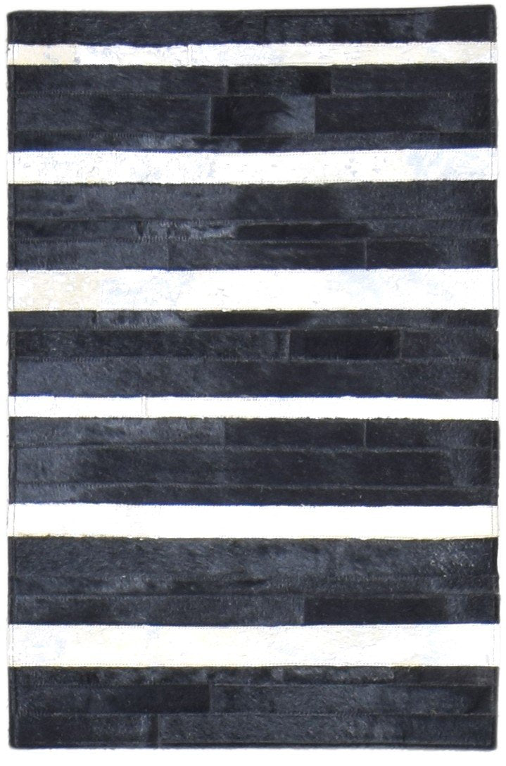 Hand Woven Charcoal Leather / Cotton Rug 2X3 Modern Scandinavian Striped Small   7864489771157