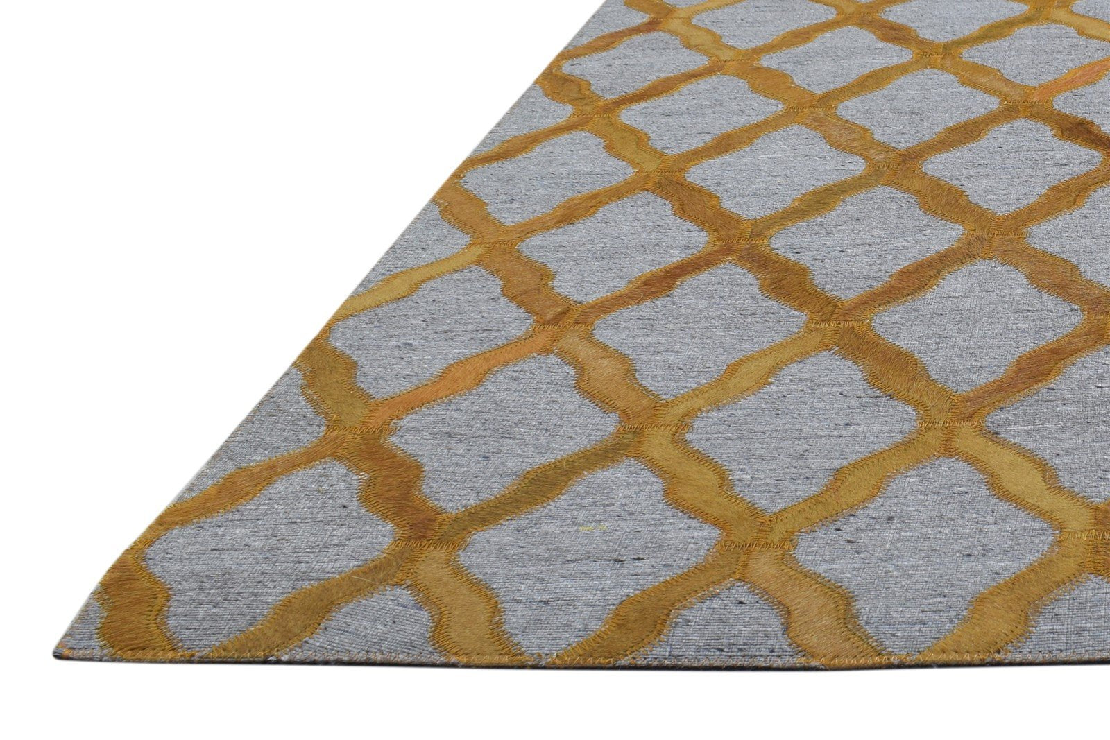 Hand Woven Gold Leather / Cotton Rug 3X9 Modern Moroccan Trellis Room Size   7864437211285