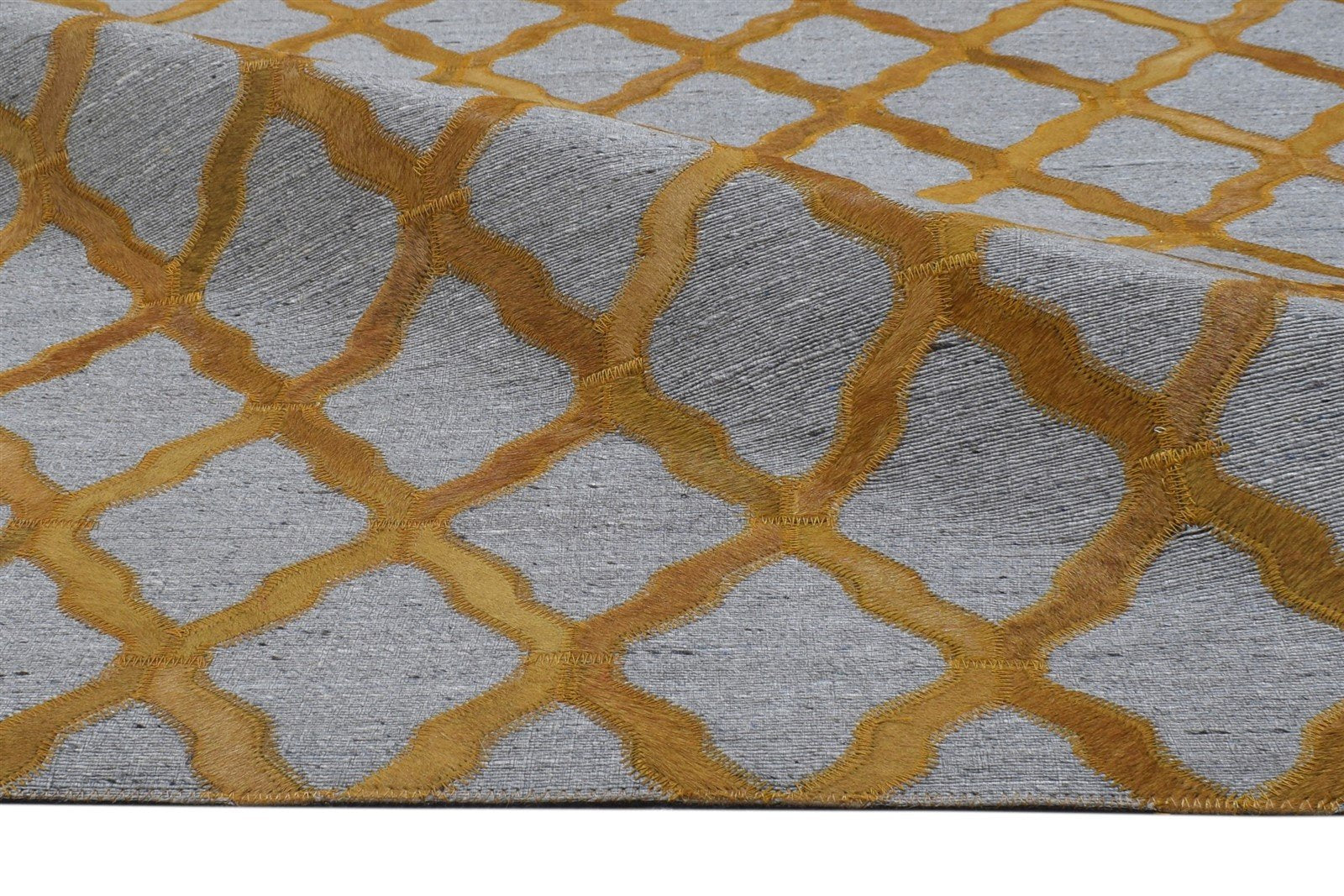 Hand Woven Gold Leather / Cotton Rug 3X9 Modern Moroccan Trellis Room Size   7864437211285