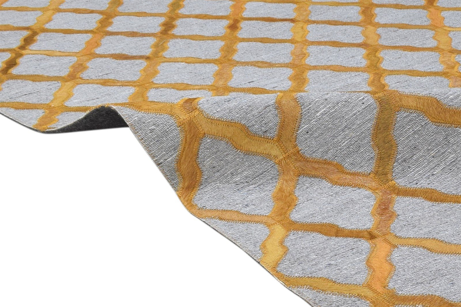 Hand Woven Gold Leather / Cotton Rug 3X9 Modern Moroccan Trellis Room Size   7864437211285