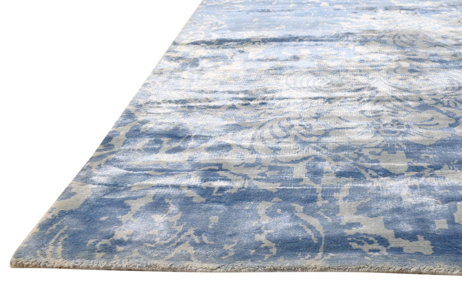 Handloom Blue Silk Rug 5' X 8' Modern Moroccan Damask Room Size Carpet   7865140150421