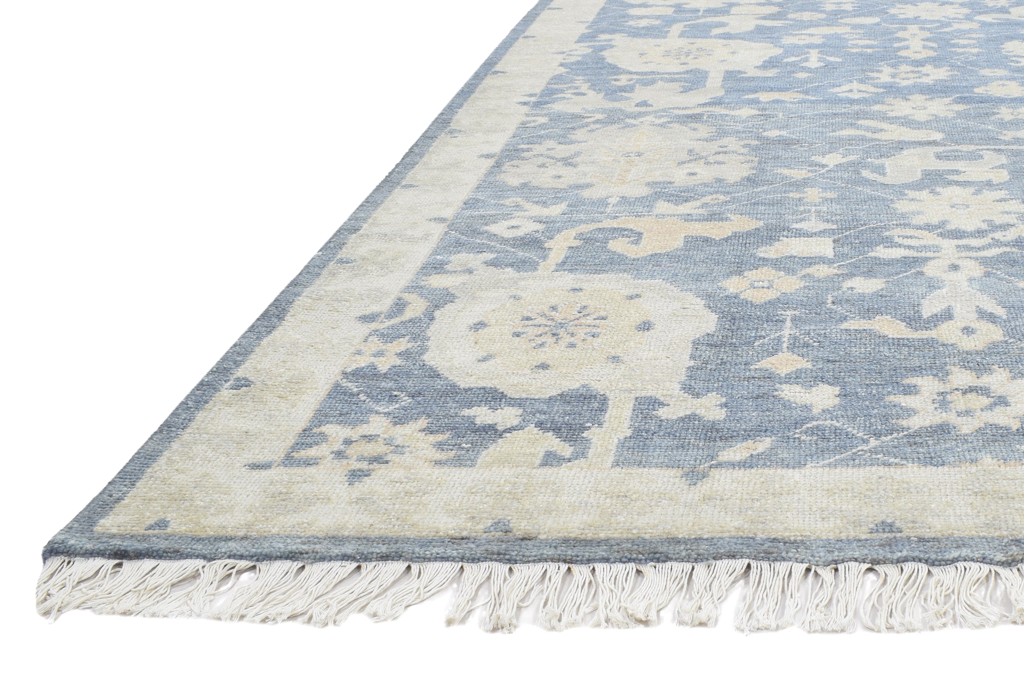 Harshang Hand-Knotted Wool Oushak Rug – Blue Persian Floral Oriental Rug   9203352240277