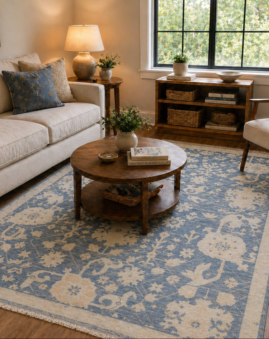 Harshang Hand-Knotted Wool Oushak Rug – Blue Persian Floral Oriental Rug   9203352240277