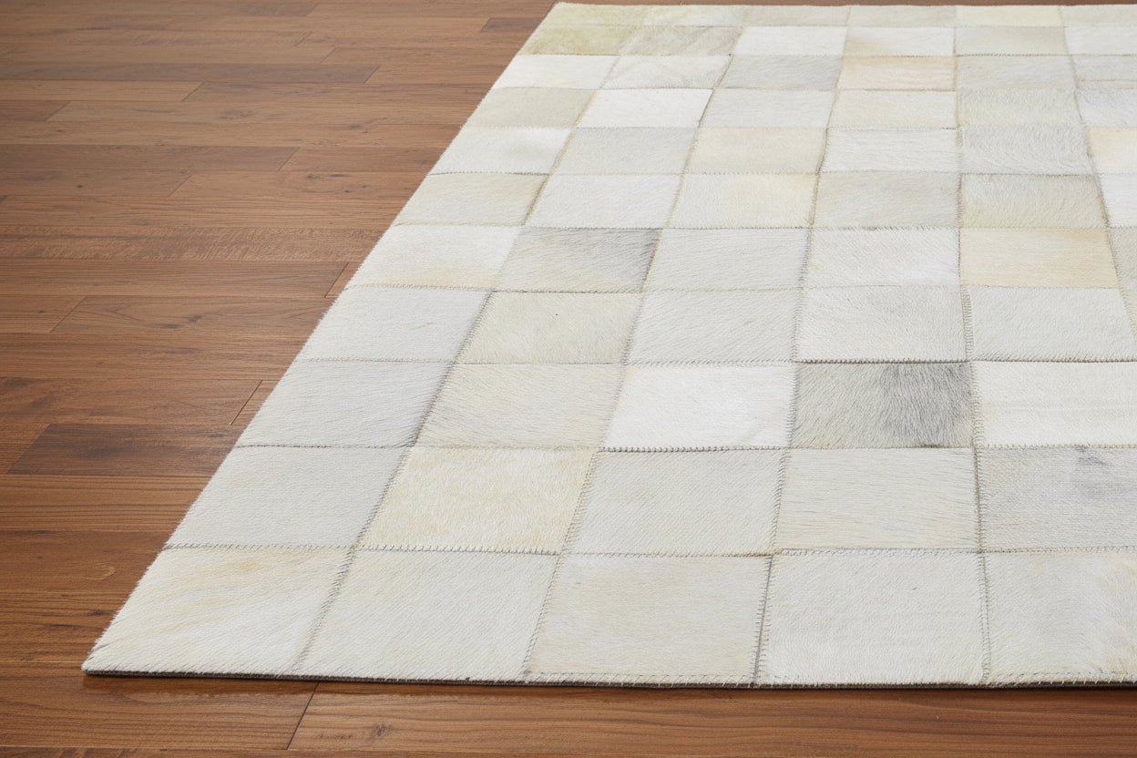 Helli Ivory Handmade Leather Checkerboard Rug | Modern Checkered Patchwork Cowhide Area Rug   7864582766741