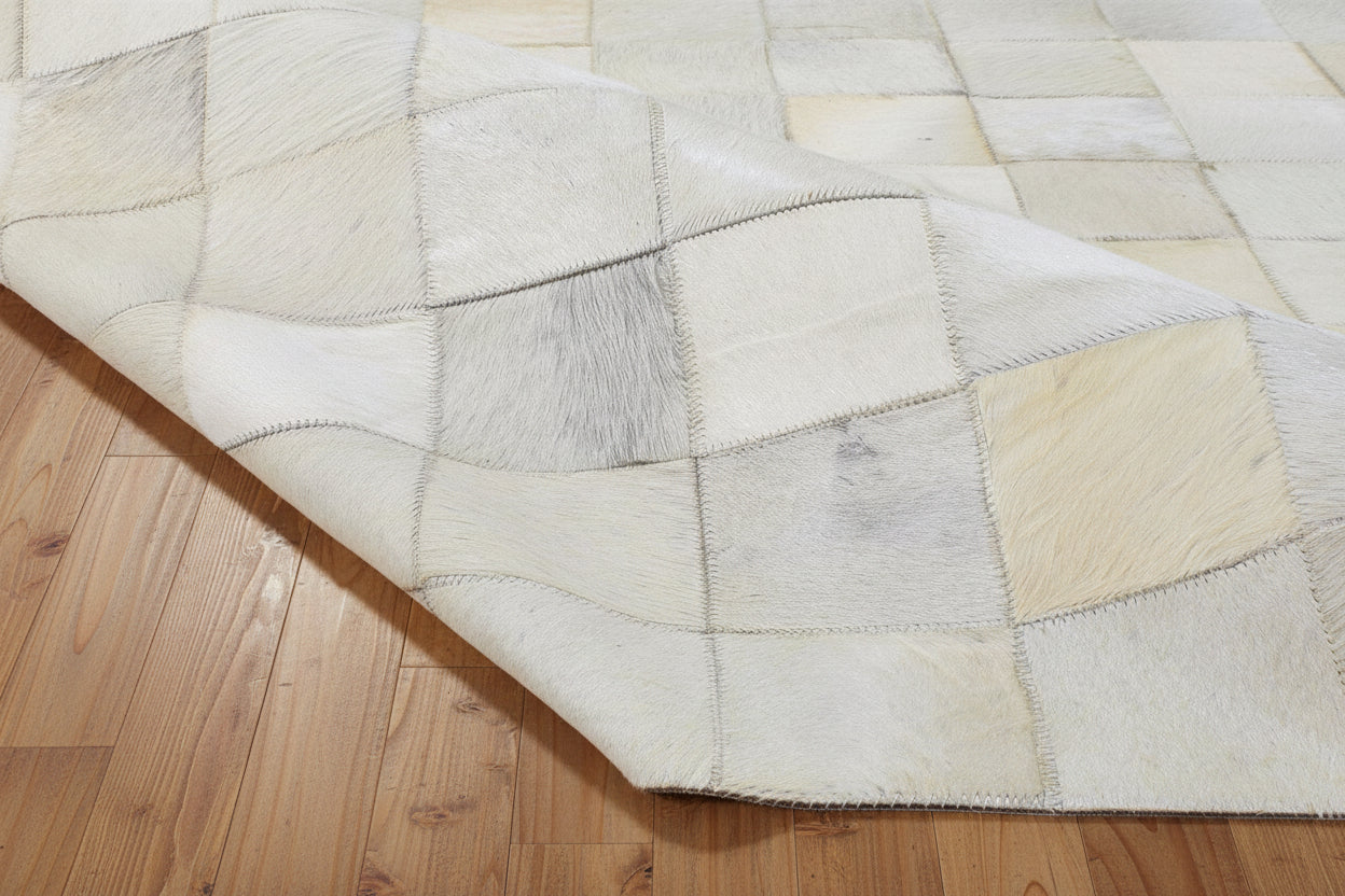 Helli Ivory Handmade Leather Checkerboard Rug | Modern Checkered Patchwork Cowhide Area Rug   7864582766741