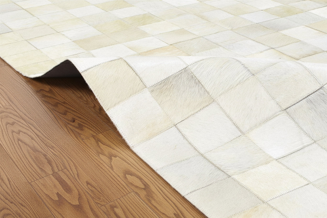 Helli Ivory Handmade Leather Checkerboard Rug | Modern Checkered Patchwork Cowhide Area Rug   7864582766741