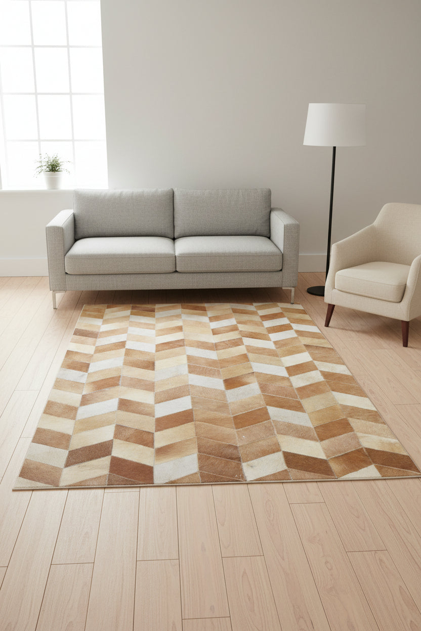 Hephzibah Handmade Brown Patchwork Leather Rug - Modern Stitched Cowhide Rug   9065157263509