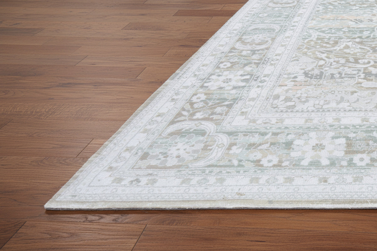 Ilaria Handmade Medallion Sage Green Area Rug – Modern Vintage Distressed Persian Style   9175418175637