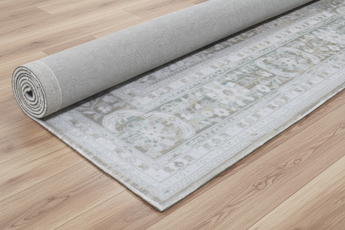 Ilaria Handmade Medallion Sage Green Area Rug – Modern Vintage Distressed Persian Style   9175418175637