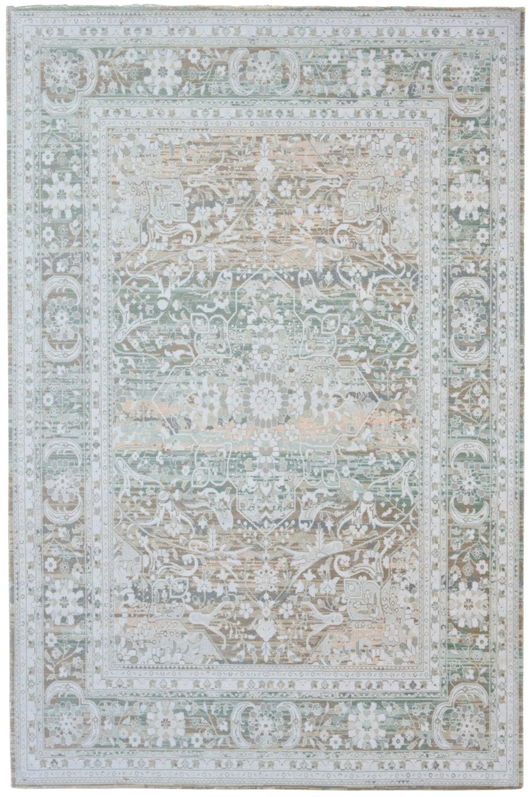 Ilaria Handmade Medallion Sage Green Area Rug – Modern Vintage Distressed Persian Style   9175418175637