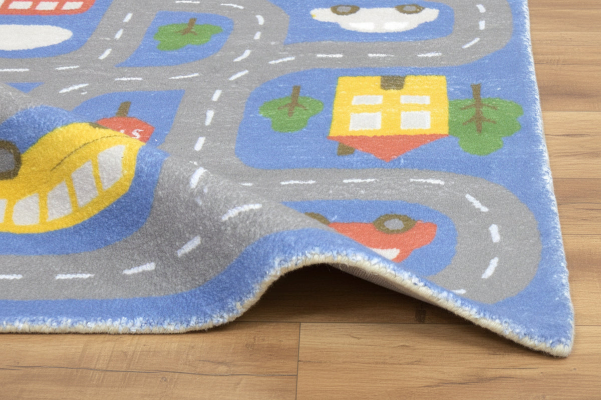 Illustrative Cityscape Handmade Blue Nursery Rug – Interactive Map Area Rug   9126175146133