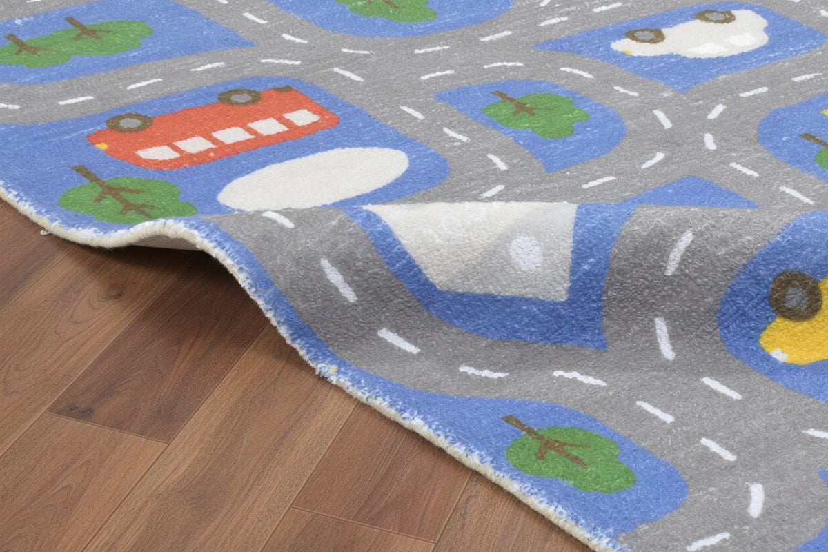 Illustrative Cityscape Handmade Blue Nursery Rug – Interactive Map Area Rug   9126175146133
