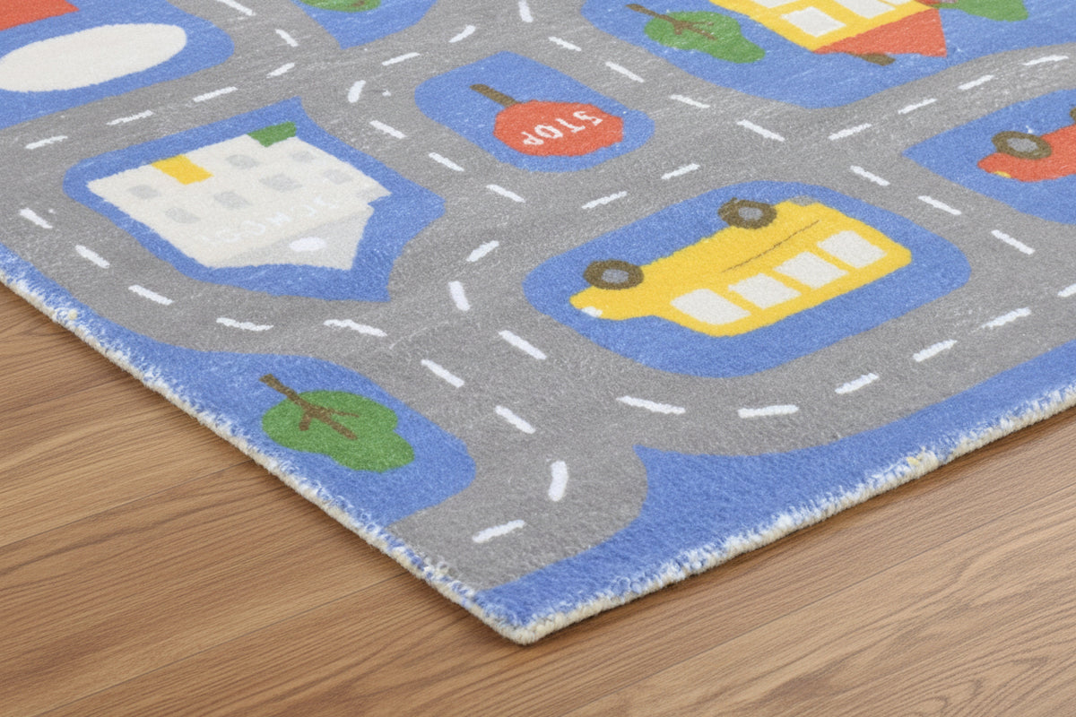 Illustrative Cityscape Handmade Blue Nursery Rug – Interactive Map Area Rug   9126175146133