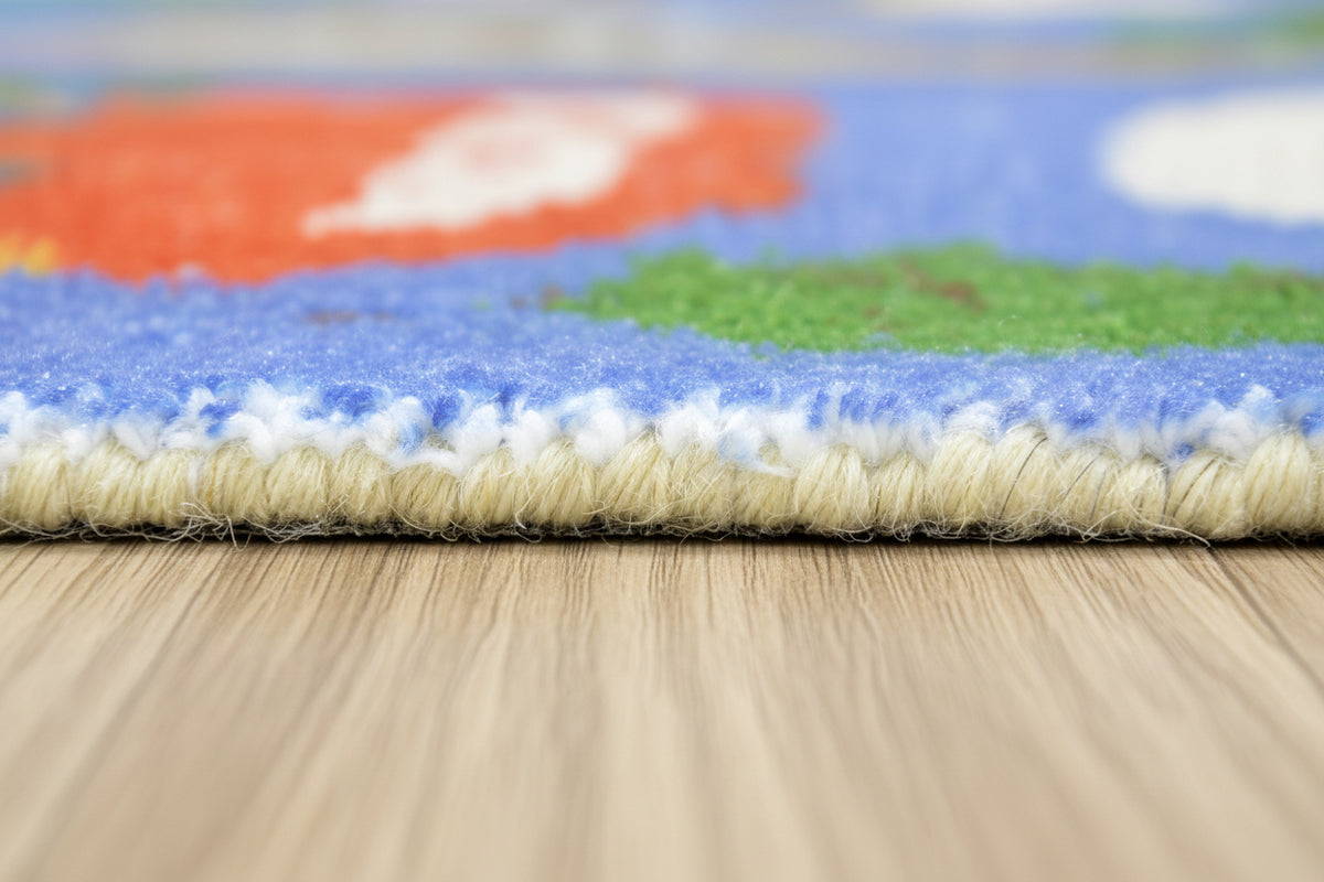 Illustrative Cityscape Handmade Blue Nursery Rug – Interactive Map Area Rug   9126175146133