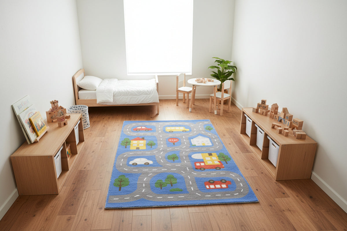 Illustrative Cityscape Handmade Blue Nursery Rug – Interactive Map Area Rug   9126175146133