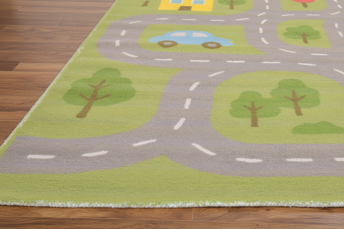 Illustrative Cityscape Handmade Green Nursery Rug – Interactive Map Area Rug   9122704523413