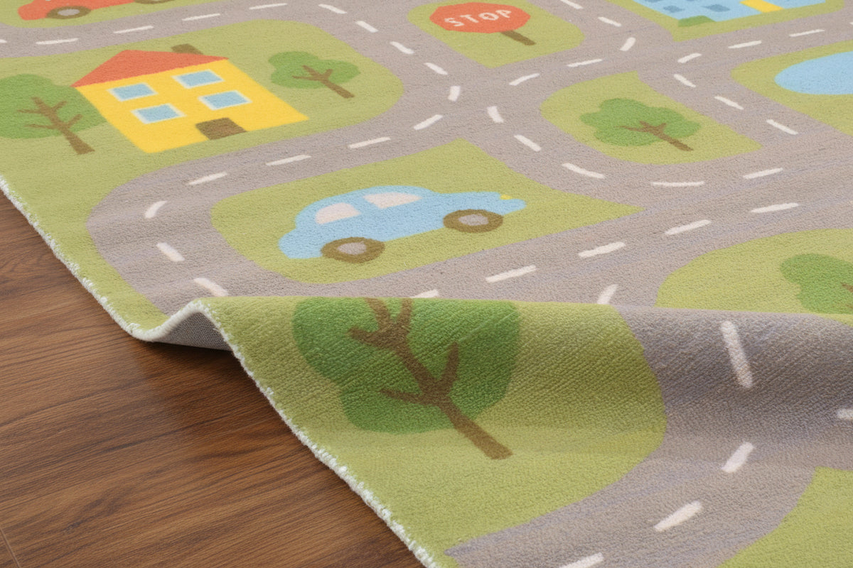 Illustrative Cityscape Handmade Green Nursery Rug – Interactive Map Area Rug   9122704523413