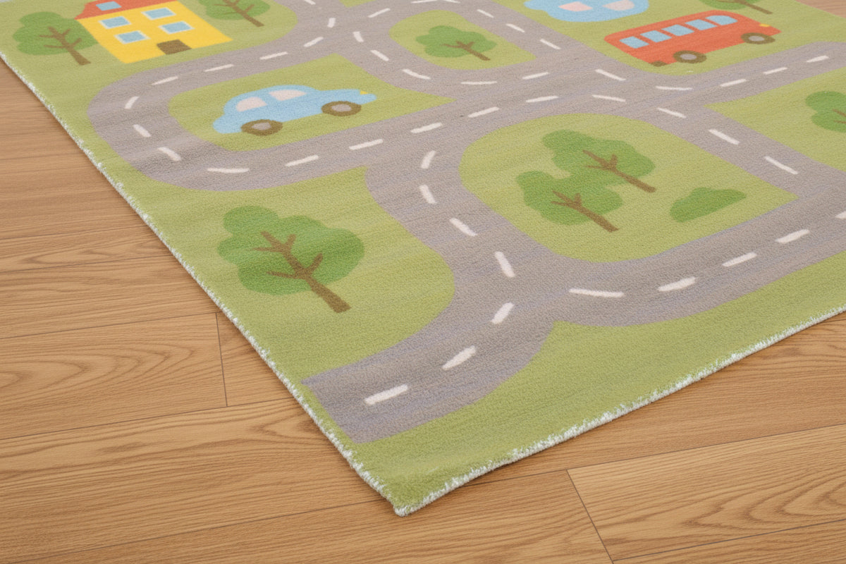 Illustrative Cityscape Handmade Green Nursery Rug – Interactive Map Area Rug   9122704523413