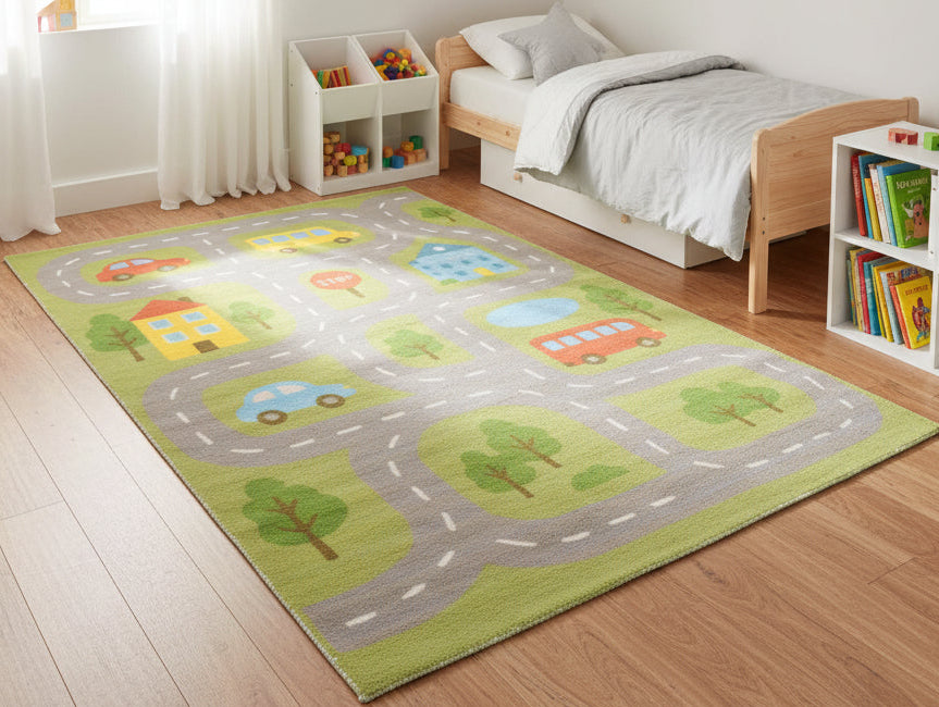 Illustrative Cityscape Handmade Green Nursery Rug – Interactive Map Area Rug   9122704523413