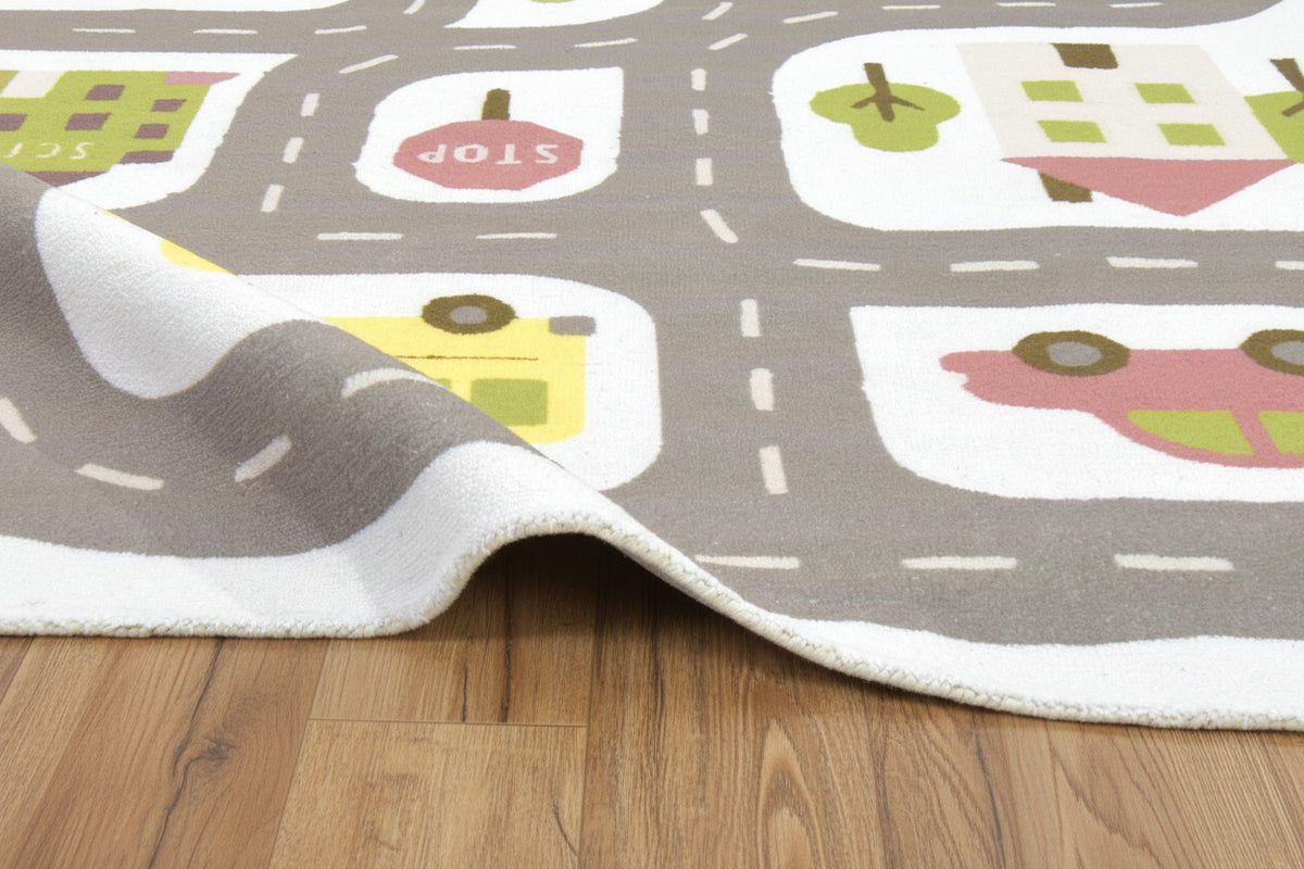 Illustrative Cityscape Handmade Off White Nursery Rug – Interactive Map Area Rug   9124912726165