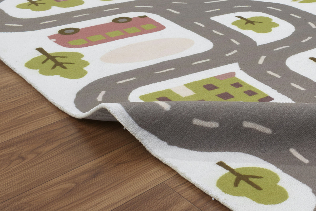 Illustrative Cityscape Handmade Off White Nursery Rug – Interactive Map Area Rug   9124912726165