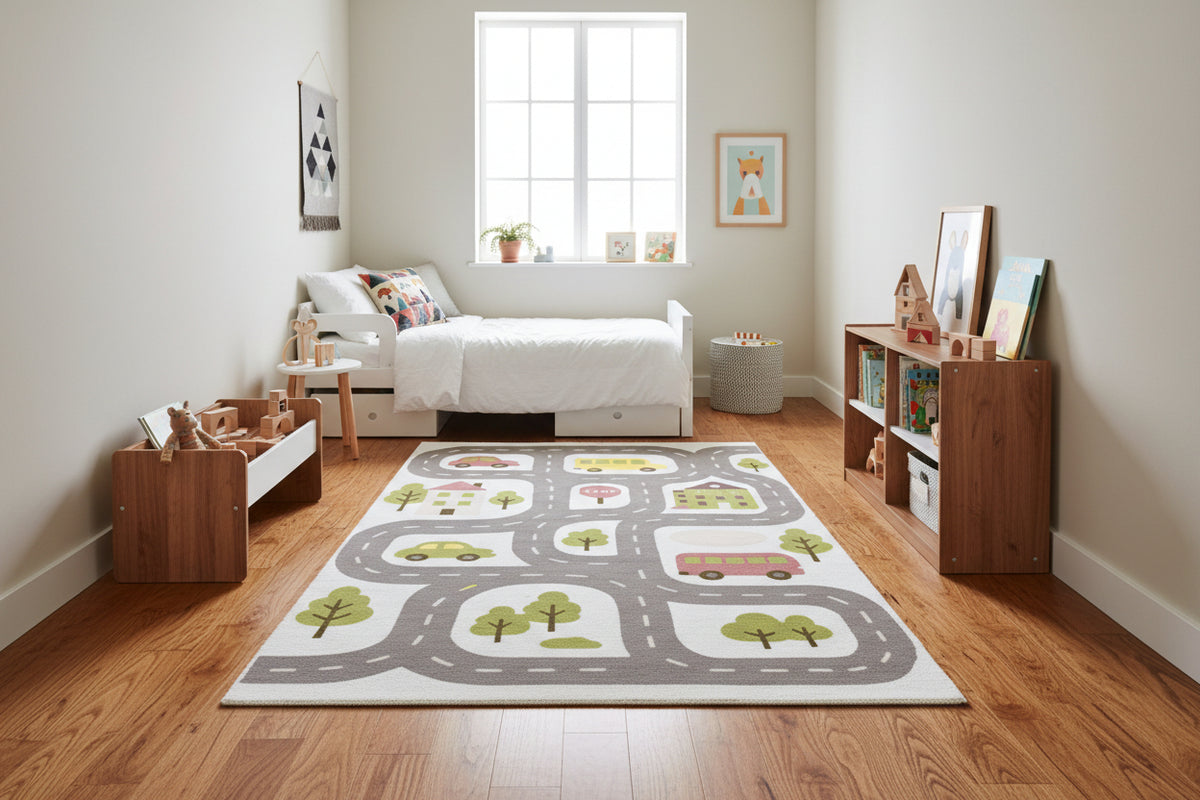 Illustrative Cityscape Handmade Off White Nursery Rug – Interactive Map Area Rug   9124912726165