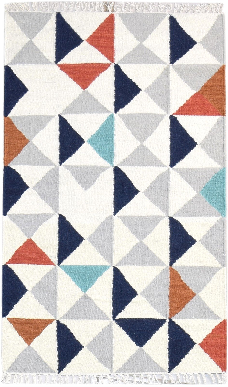 Ivory Wool Rug 3' X 5' Modern Dhurrie Scandinavian Triangles Small Carpet   7865121538197