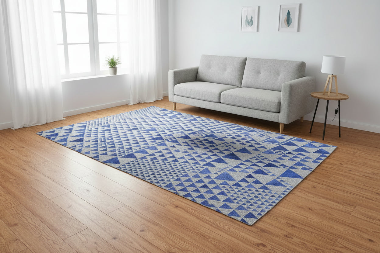 Jackquelin Blue Leather / Cotton Rug 5X8 Modern Hand Woven Scandinavian Triangles   7864947802261