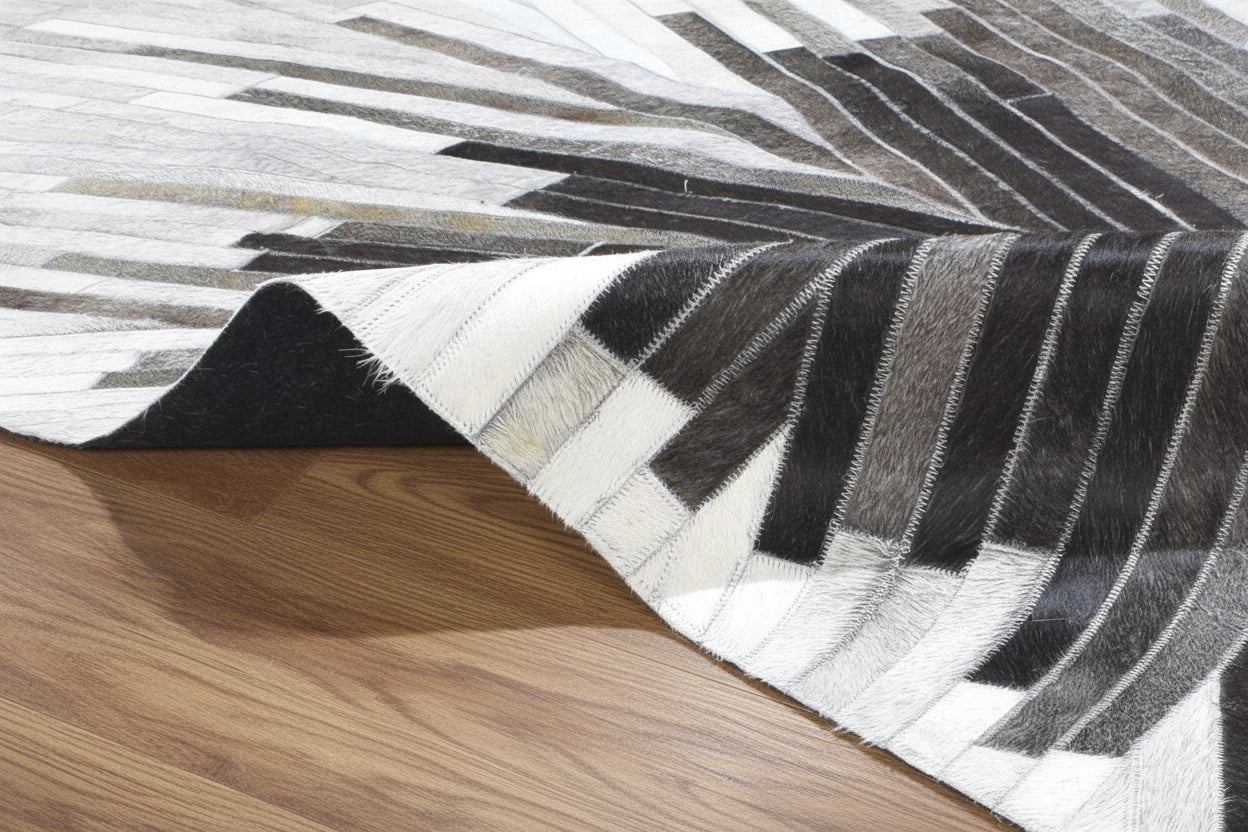 Jami Gray Charcoal Sunburst Handmade Leather Rug | Patchwork Abstract Cowhide Area Rug   7864502190229