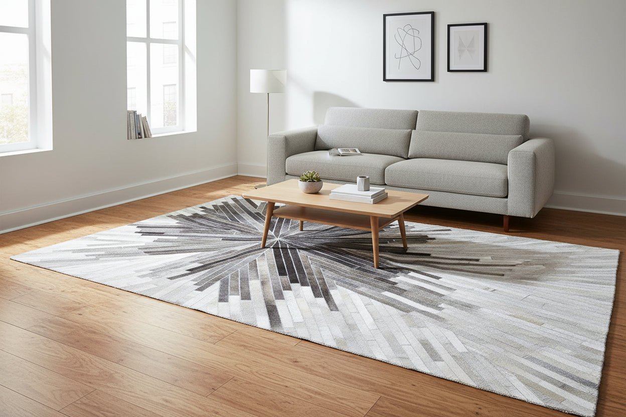 Jami Gray Charcoal Sunburst Handmade Leather Rug | Patchwork Abstract Cowhide Area Rug   7864502190229