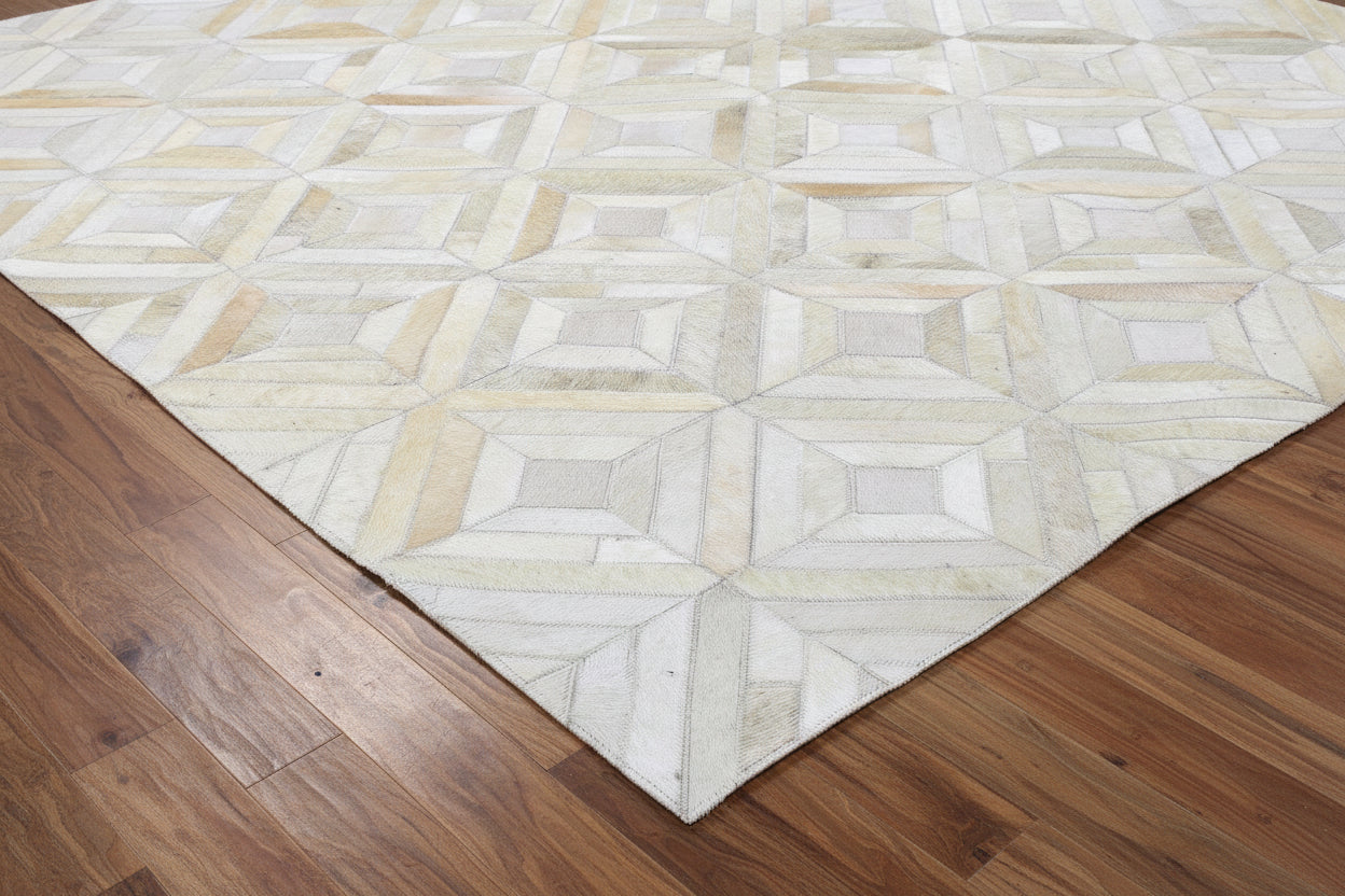 Jannel Handmade Off White Leather Rug - Modern Hand Woven Scandinavian Geometric   7864252530837