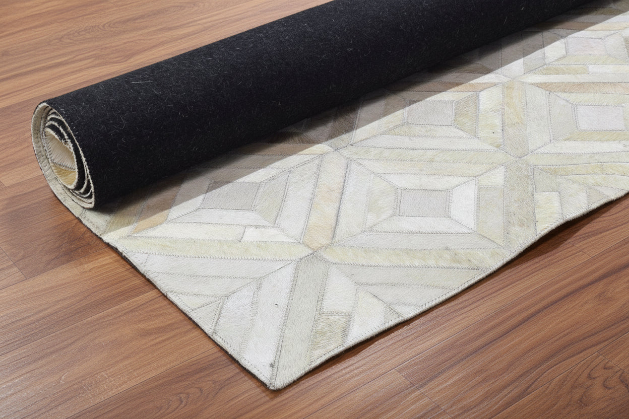 Jannel Handmade Off White Leather Rug - Modern Hand Woven Scandinavian Geometric   7864252530837