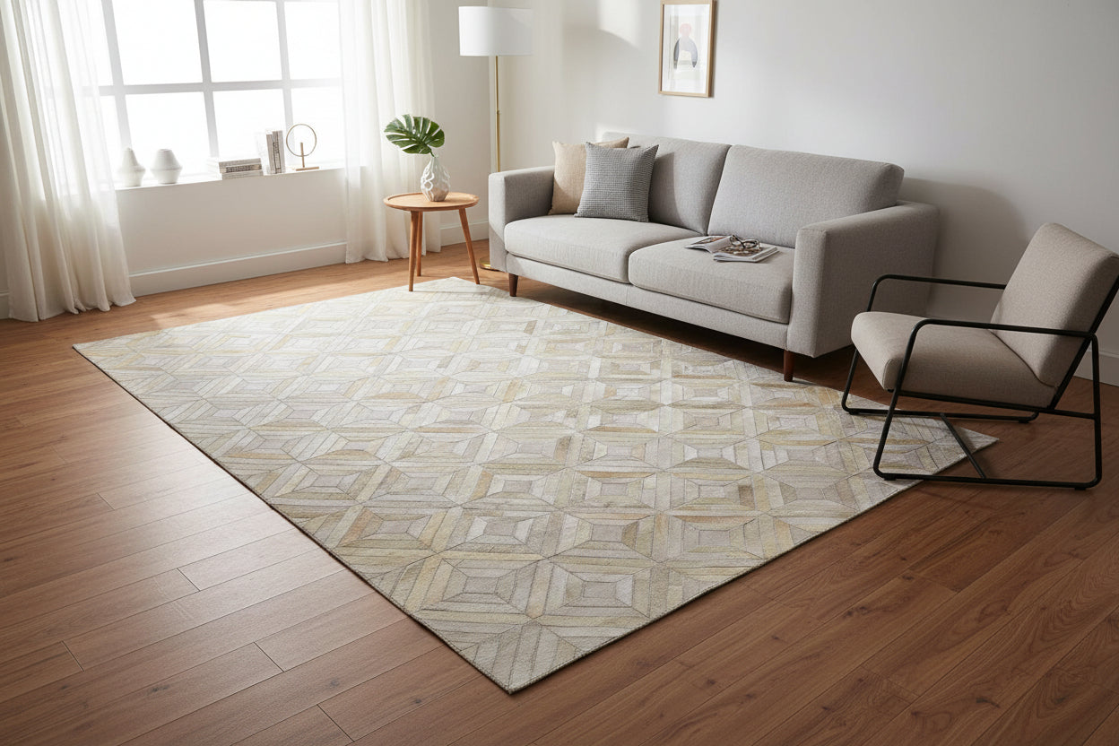 Jannel Handmade Off White Leather Rug - Modern Hand Woven Scandinavian Geometric   7864252530837