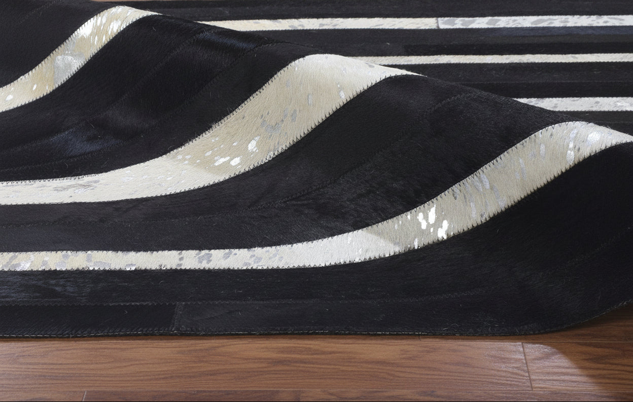 Jilleen Handmade Black Striped Leather Rug | Modern Patchwork Cowhide Rug   7864432328853