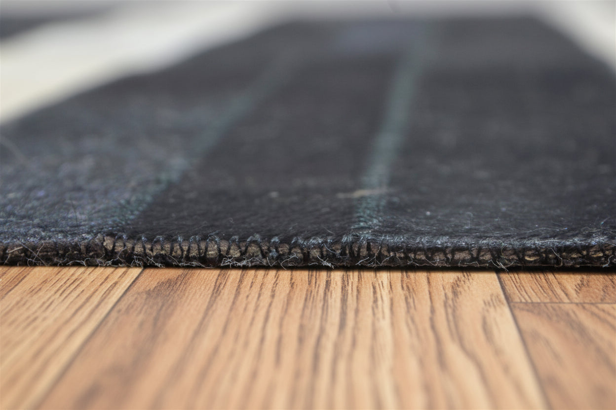 Jilleen Handmade Black Striped Leather Rug | Modern Patchwork Cowhide Rug   7864432328853