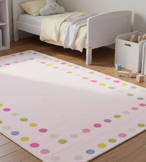 Joie Border Polka Dot Handmade Pink Nursery Rug – Modern Scandinavian Multicolor Dot   9124928880789