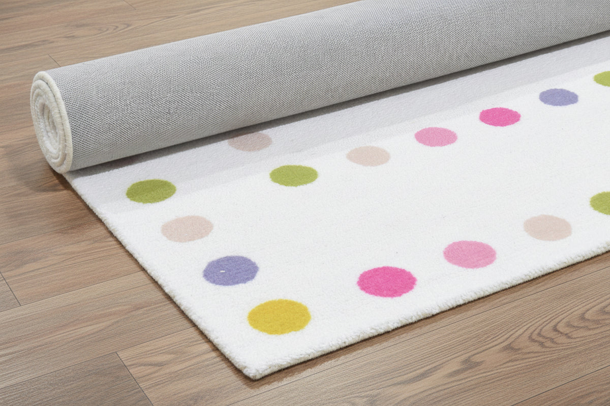 Joie Border Polka Dot Handmade White Nursery Rug – Modern Scandinavian Multicolor Dot   9081825919125