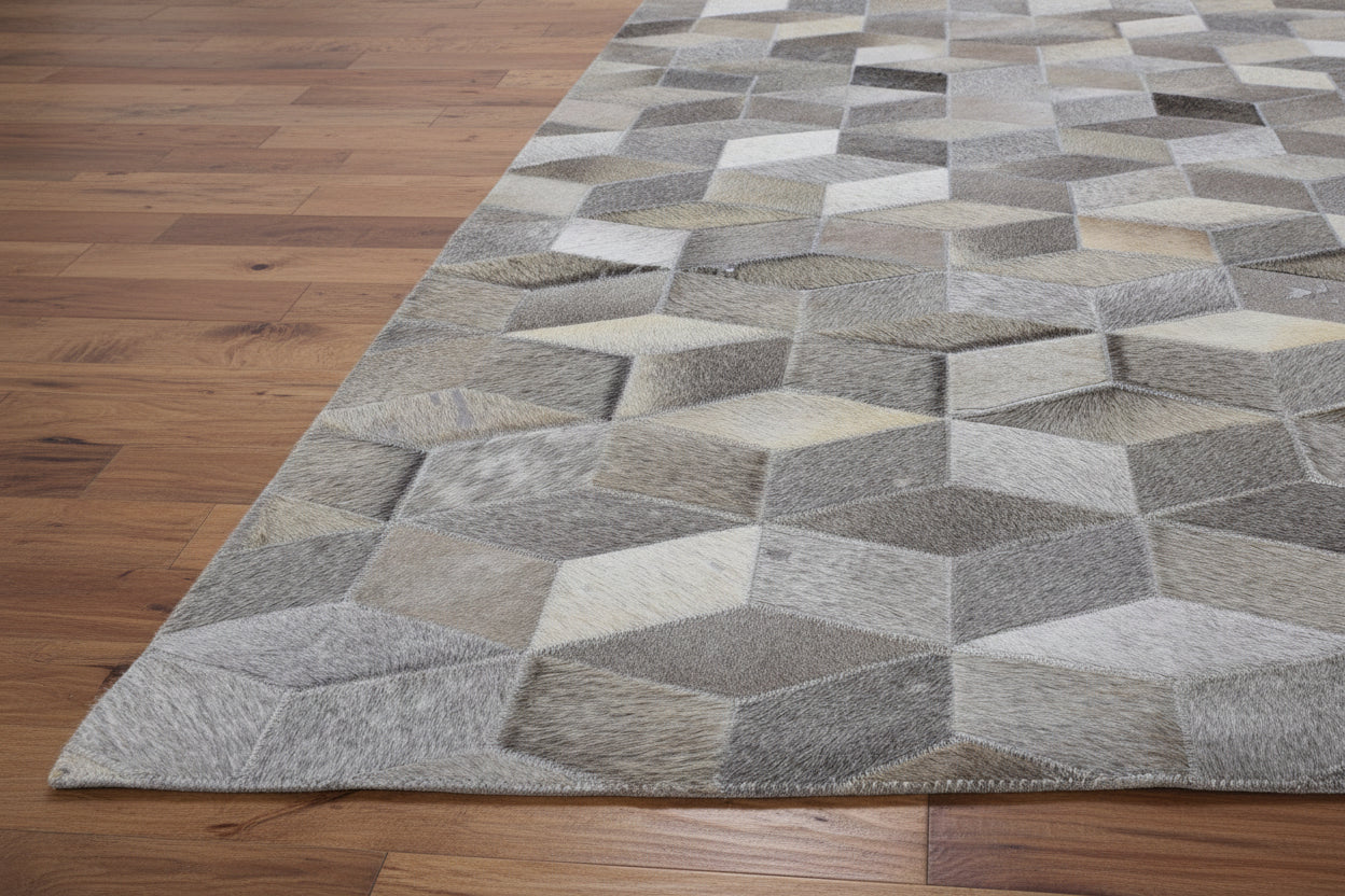 Joni Leather Handmade Gray Diamonods Rug | Modern Geometric Patchwork Cowhide Aea Rug