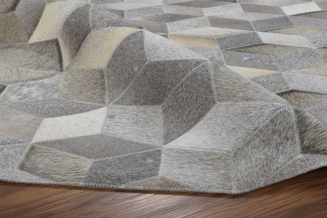 Joni Leather Handmade Gray Diamonods Rug | Modern Geometric Patchwork Cowhide Aea Rug