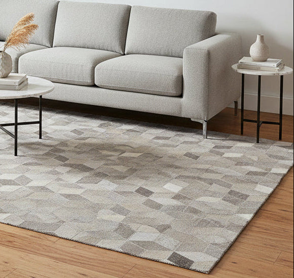 Joni Leather Handmade Gray Diamonods Rug | Modern Geometric Patchwork Cowhide Aea Rug