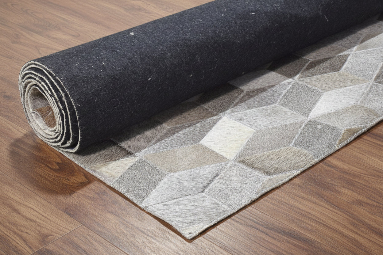Joni Leather Handmade Gray Diamonods Rug | Modern Geometric Patchwork Cowhide Aea Rug